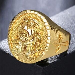 Gold Ring with Jesus and Cross Design